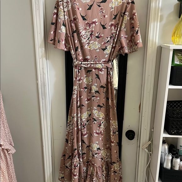 Pink Wrap Maxi Dress with Flutter Sleeves and V-Neck - Picture 2 of 3